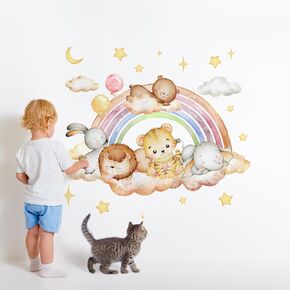 Rainbow Animal Wall Decals Cartoon Animal Sleeing on Clouds Wall Stickers Vinyl Peel and Stick Wall Decal Self Adhesive Wall Art Sticker for Girls Nursery Kids Room Home Decor