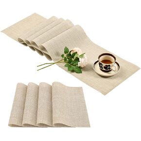 Leetaltree Beige Table Runner and Placemats Set of 5, Heat Resistant Non-Slip Place mats for Dining Table, Washable Durable PVC Vinyl Woven Table Runner Set