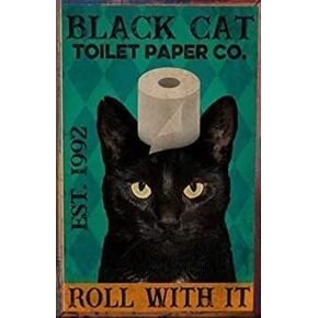 WellDGS Vintage Tin Sign Black Cat Toilet Paper Funny Roll with It Bathroom Decor Wall Home Art Signs for Kitchen 12 x 8 Inch Metal
