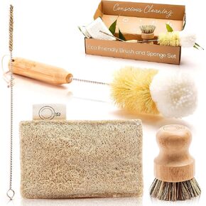 Kitchen Brushes for Dishes, Complete Sustainable & Compostable Dish Brush Set, Eco Friendly Dish Brush and Compostable Wood Pulp Sponge, Bamboo Dish Brush Set, Scrub Brushes for Cleaning Dishes