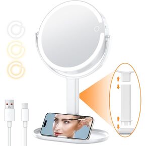 Gospire 8" Rechargeable Lighted Makeup Mirror with 1X/10X Magnification, 3 Colored Lights & Adjustable Brightness, Detachable Travel Makeup Mirror with 80 LED Lights, Light Up Vanity Mirror for Desk