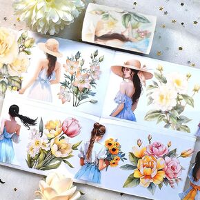 1Roll Girl Flower Washi Tape Stickers Floral Washi Tapes Washy Tape Pet Tape Journaling Decorative Tape