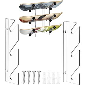 Acrylic Skateboard Display Rack - Wall Mounted Horizontal Skateboard Rack with Hangers for Snowboard Longboard