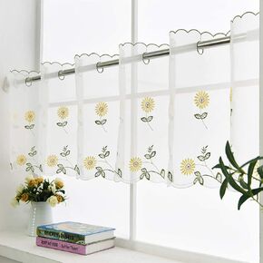 Valance for Window Yellow Flower Curtain - Farmhouse Daisy Kitchen Curtain, Cafe Net, H 27 x W 70 Inch, 1 Panel