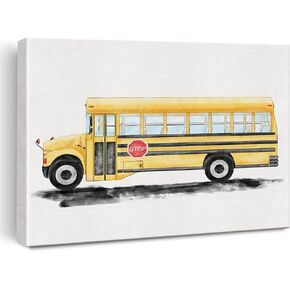 School Bus Canvas Wall Art Watercolor Transportation Vehicles School Bus Canvas Painting Prints for Home Kids Bedroom Nursery Wall Decor Framed Artwork Gifts(12x15 Inch)