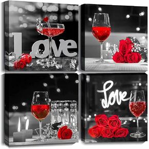 Byllyaz Rose Canvas Wall Art Framed Red and Black 12x12 for Bathroom Decor Modern Flower with Cup Candles Prints Pictures Kitchen Paintings Home Decorations Couples Lover Gift 4 Pieces