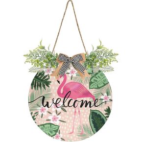 xigua Tropical Pink Flamingo Welcome Sign Front Door Decor, Outdoor Hanging Porch Wreath Interchangeable Seasonal Icons for Farmhouse Wall Home Holida