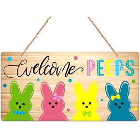 Easter Door Decorations Easter Bunny Welcome Peeps Door Signs Easter Decor Signs Spring Easter Door Hanger Sign Plaque for Wall Home Window Farmhouse Indoor Outdoor Easter Spring Decorations