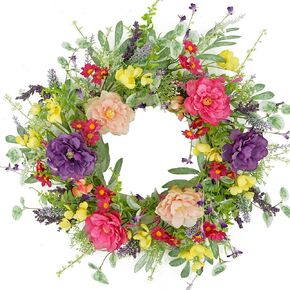 Artificial Spring Summer Wreath Peony Wreaths for Front Door with Olive Leaf,Eucalyptus Leaf,Daisy,Lavender for Indoor Outdoor Wall Festival Home Farmhouse Wedding Decor