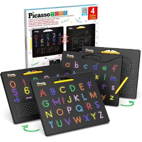 PicassoTiles 2PK 4-in-1 Magnetic Drawing Board 12x10 inch Large Magnet Tablet Pad with 4 Facings Lowercase & Uppercase Alphabets, Numbers, & Freestyle STEM Learning Writing Reading Playboard PTB06