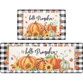 Pauwer Pumpkin Kitchen Rugs Set of 2, Farmhouse Buffalo Plaid Fall Kitchen Floor Mat, Non Slip Anti Fatigue Kitchen Mats for Floor, Cushioned Kitchen Runner Rug Set Fall Autumn Thanksgiving Decor