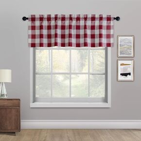 Creativesfun 2 Pcs Checks Line Up Set Buffalo Check Plaid Gingham Custom Fit Window Valance Treatments Rod Pocket(Valance 丨W53 X L12-INCH 2PCS, Burgundy & White)