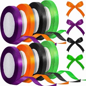 Xinnun 200 Yards Christmas Satin Ribbon Wrapping Ribbon 8 Rolls Christmas Polyester Ribbon 3/8 Inch Silk Ribbon for Christmas Party Decoration DIY Crafts Supplies (Orange, Black, Purple, Green)