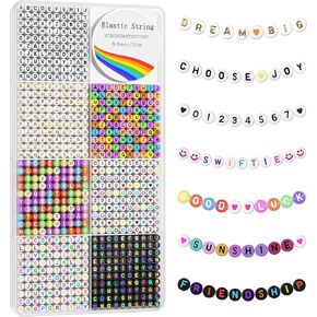 Redtwo 1600 Pcs Letter Beads Kit, 6 Styles of Colorful Alphabet Beads, Number Beads Smiley Face Beads Heart Beads and a Roll of Elastic String for DIY Jewelry and Bracelet Making