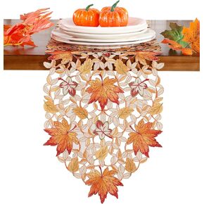 GRANDDECO Thanksgiving Harvest Table Runner Embroidered Cutwork Maple Leaves Dresser Scarf Table Cover Autumn Or Fall Decorations (Placemat 14" Set of 2)