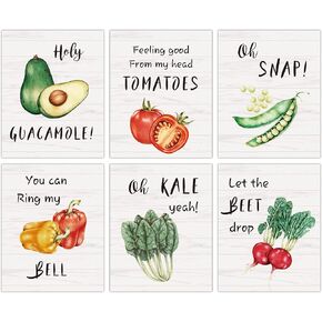 KAIRNE Funny Kitchen Art Prints,Set of 6(8X10inch，Unframed) Beet Tomatoes Kale Vegetable Quote Canvas Poster,Botanical Farmhouse Style Wall Art for Restaurant Dining Kitchen Room Decor