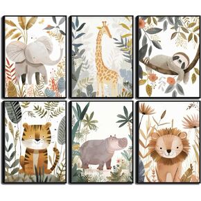 6Pcs Boho Baby Animals Wall Art Jungle Safari Canvas Paintings Cute Giraffe Elephant Lion Wall Decor Prints Inspirational Forest Animals Posters Pictures for Nursery kids Boys Bedroom Unframed