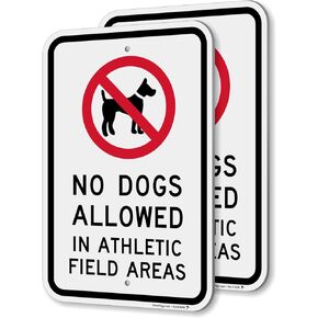 SmartSign "No Dogs Allowed In Athletic Field Areas" Metal Sign with Symbol, 14 x 10 inch, 40 mil Laminated Rustproof Aluminum, UV Protected and Weatherproof, Red/Black on White, Made in USA