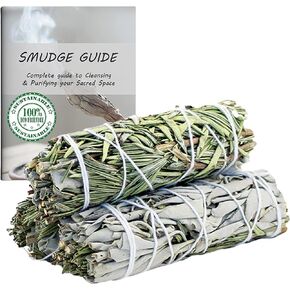 White Sage Mix Smudge Sticks 3 Pack for Cleansing, Meditation, Yoga, and Smudging | Cedar, Rosemary, Eucalyptus, & Juniper (White & Rosemary)
