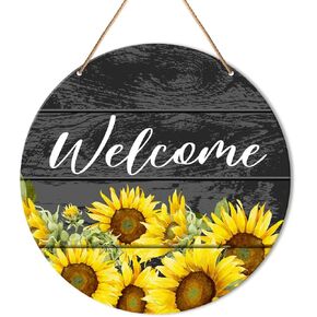 Muktoujaumai Fall Welcome Sign Front Door Decor, Fall Summer Round Hanging Sign Decor Farmhouse Autumn Wall Decorations Sunflower Harvest Thanksgiving Black Wood Sign for Porch, Home, Office