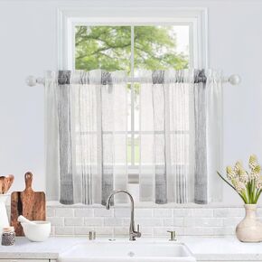 CAROMIO Sheer Farmhouse Café Curtain 30 Inch Length Light Grey Sheer Bathroom Curtain Window with Vertical Stripe Rod Pocket Kitchen Curtain Faux Linen Textured for Bathroom, 27"x30"