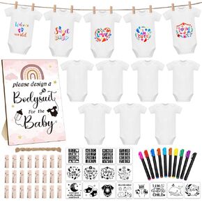 Silicherry 64 Pcs Baby Shower Games Bodysuit Design Games Include 1 Game Wooden Sign 12 Newborn Bodysuit 10 Fabric Markers 24 Clothespins 16 Stencils 1 Hemp Rope for Baby Shower Gender Reveal Party