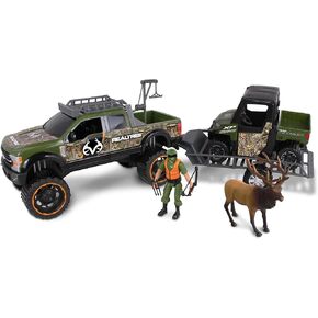 مجموعة ألعاب NKOK Realtree بمقياس 1/18 ذات العجلات الحرة مكونة من 10 قطع، مجموعة لعب RT Ram 1500 Rebel Polaris Sportsman على المقطورة والملحقات (رافعة الألعاب، رف السقف، قضيب اللف، الصياد، الخوذة، الكلب، البندقية، حقيبة البندقية)