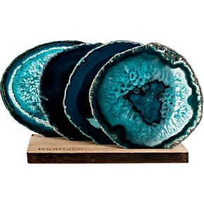 Natural Sliced Teal Agate Coasters, Set of 4 Unique and Beautiful Drink Coasters from Round Brazilian Geode Rock with Wooden Holder, Large Blue Stone Coaster