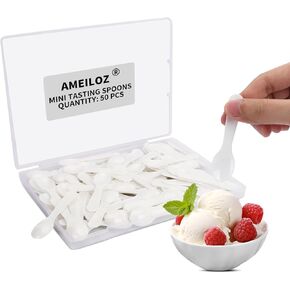 50PCS 3" Mini Tasting Spoons Tiny Plastic Taster Spoon for Yogurt Pudding Jello Shots Ice Cream, Extra Small Sample Micro Spoons (White)