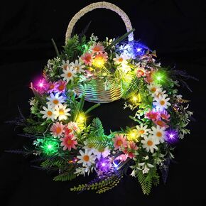 Beferr Artificial Daisy Wreath with Colorful LED 18 Inch Spring Summer Wreath Fake Silk Floral Wreath with Eucalyptus Leaves and Lavender for Front Door Wall Window Farmhouse Festival Halloween Decor