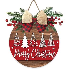Deroro Merry Christmas Tree Front Door Sign, Xmas Holiday Farmhouse Wood Door Hanger Outdoor Outside Porch Decor, Rustic Wooden Wreath with Plaid Bow Red Berry Indoor Wall Hanging Decoration