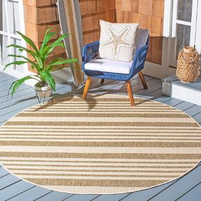 SAFAVIEH Courtyard Collection 4' Round Brown/Bone CY6062 Stripe Indoor/ Outdoor Patio Backyard Mudroom Area Rug