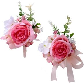 Campsis Wrist Corsage and Boutonniere Set Pink Rose Corsage Wristlet Wedding Boutonniere for Men Artificial Prom Flower for Wedding Party Decorations(2Pcs)