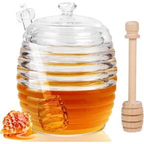 Honey Jar with Dipper and Lid Glass Dispenser Honey Pot, 8 oz Honey Jar and 2 Honey Dippers Stick Set, for Home Kitchen Storing Honey and Syrup - Honey Containers