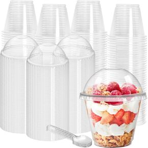 Coloch 100 Pack 9 Oz Clear Plastic Dessert Cup with Dome Lid and Spoon, Disposable PET Crystal Parfait Cup Take-out Liquid Container for Fruit, Dessert, Cupcake, Cold Drinks, Ice Cream, Snack