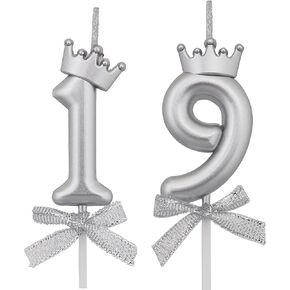 19 Birthday Candles, 19th Cake Candles, Silver Happy Birthday Number 19 Candles Cake Topper Decorations for Party Men Women