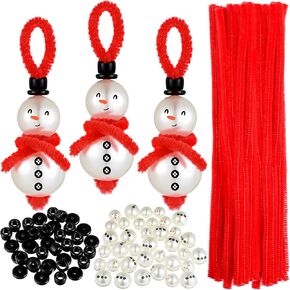 100 Pieces Christmas Snowman Beaded Ornaments Kits to Make Miniatures for Crafts with Red Mini Snowman Scarf Holiday Craft Kits Mini Ornament Kit for DIY Christmas Tree Hanging Decor
