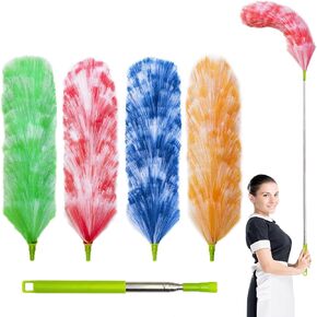 4 Pack 25" to 55" Extendable Plasitic Feather Duster with Stainless Steel Pole - Flexible, Washable, and Electrostatic, Cleaner for All-Around Cleaning of Ceilings, Walls, Furniture, Cars, and More