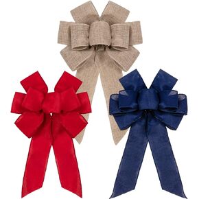 Whaline Patriotic Bow Large 4th of July Wreath Bow 3Pcs Red Blue Natural Bow Wired Edge Decorative Bow Ornaments for Indoor Outdoor Bunting Wreath Holiday Independence Day Party Door Wall Decoration