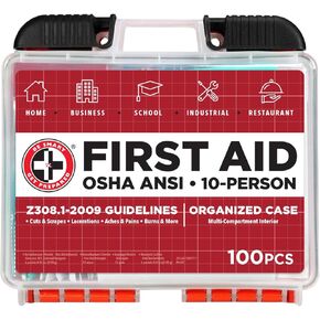 Be Smart Get Prepared 100Piece First Aid Kit, Exceeds OSHA Ansi Standards for 10 People - Office, Home, Car, School, Emergency, Survival, Camping, Hunting, & Sports