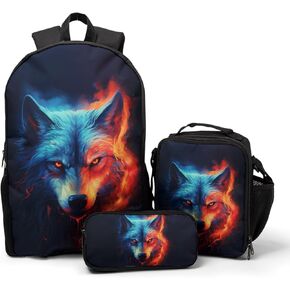 Nerxy Wolf School Backpack Set 3 Pcs, Red Blue Animal Printed School Bags Shoulder Bookbag with Lunch Box Pencil Holder 3 in 1 for Elementary Middle High Students Teenager Girls Boys