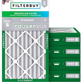 Filterbuy 16x25x4 Air Filter MERV 8 Dust Defense (5-Pack), Pleated HVAC AC Furnace Air Filters Replacement (Actual Size: 15.50 x 24.50 x 3.63 Inches)