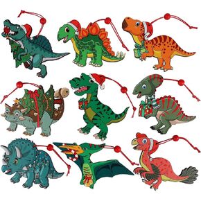 9Pieces Dinosaur Christmas Ornaments Wooden T-Rex for Christmas Tree Hanging Ornament Decorations Kids Gifts