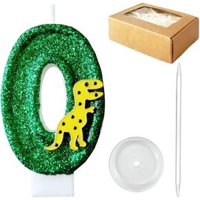 Dinosaur Glitter Birthday Number Candle, Green Sequins Birthday Candle, Jurassic Period Themed Candle Cake Topper (Number 1)
