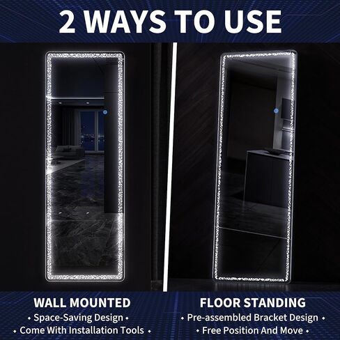 مرآة Antok كاملة الطول مع أضواء، مرآة LED بطول 60 بوصة × 16 بوصة مع ضوء نمط، مرآة أرضية مضاءة قائمة بذاتها، مرآة مثبتة على الحائط مع أضواء، إضاءة خافتة و3 ألوان in Kuwait