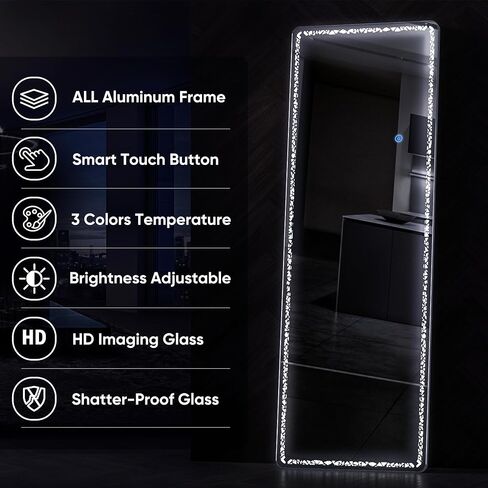 مرآة Antok كاملة الطول مع أضواء، مرآة LED بطول 60 بوصة × 16 بوصة مع ضوء نمط، مرآة أرضية مضاءة قائمة بذاتها، مرآة مثبتة على الحائط مع أضواء، إضاءة خافتة و3 ألوان in Kuwait