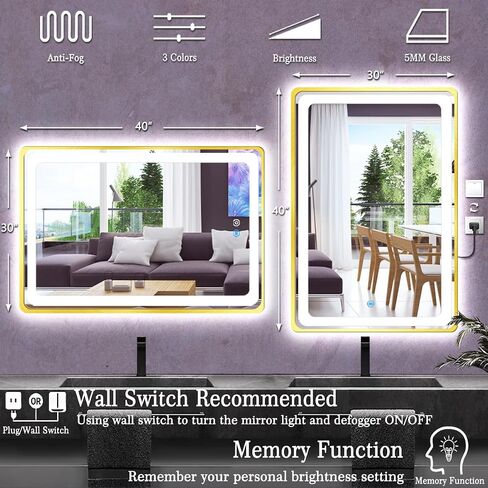 مرآة حمام ذهبية مقاس 30 × 40 بوصة مع أضواء إطار ذهبي مرآة مضاءة للحمام مثبتة على الحائط مرآة LED مضادة للضباب 3 ألوان قابلة للتعتيم للحمام 40 بوصة مرآة مضيئة ذكية مؤطرة بالذهب in Kuwait