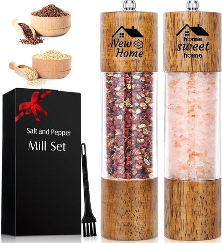 هدية الترحيب بالمنزل الجديد مكونة من قطعتين لمالك المنزل الجديد مجموعة مطحنة ملح وفلفل خشبية مع قلب سيراميك قابل للتعديل، هدايا الترحيب بالمنزل الجديد، 8 بوصات in Kuwait