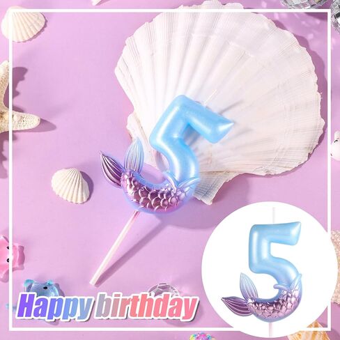 Mermaid Birthday Candles, Blue Number Candles Mermaid Birthday Decorations Happy Birthday Candles Cake Toppers Birthday Party Supplies for Wedding Anniversary (5) in Saudi Arabia