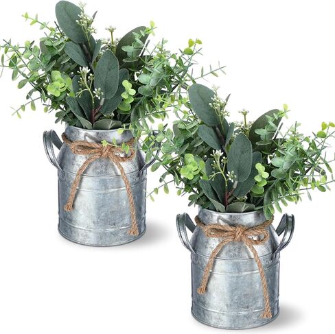2 Pcs Metal Flower Vase Farmhouse Rustic Galvanized Metal Milk Can Vase with 4 Pcs Artificial Eucalyptus Leaves 12 Pcs Fake Seeded Eucalyptus Leaves for Wedding Table Centerpiece Decorations in Saudi Arabia
